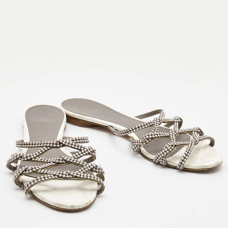Pre Owned Gina White Crystal Embellished Leather Flat Slides Size 38.5