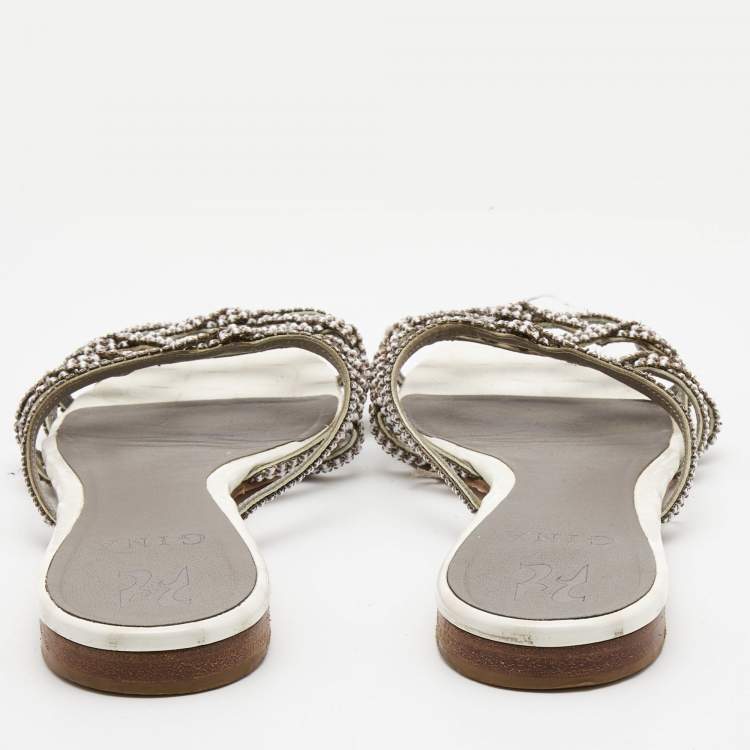 Pre Owned Gina White Crystal Embellished Leather Flat Slides Size 38.5