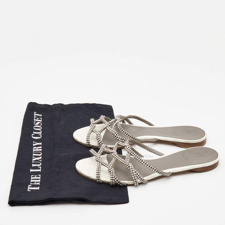 Pre Owned Gina White Crystal Embellished Leather Flat Slides Size 38.5