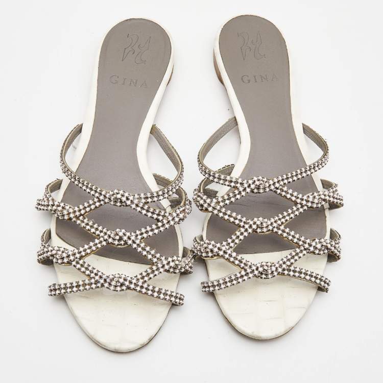 Pre Owned Gina White Crystal Embellished Leather Flat Slides Size 38.5