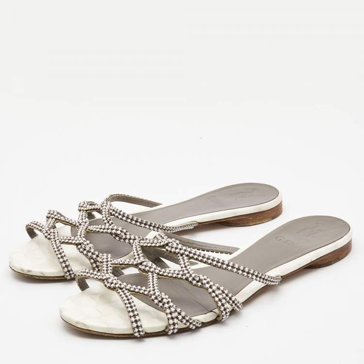 Pre Owned Gina White Crystal Embellished Leather Flat Slides Size 38.5