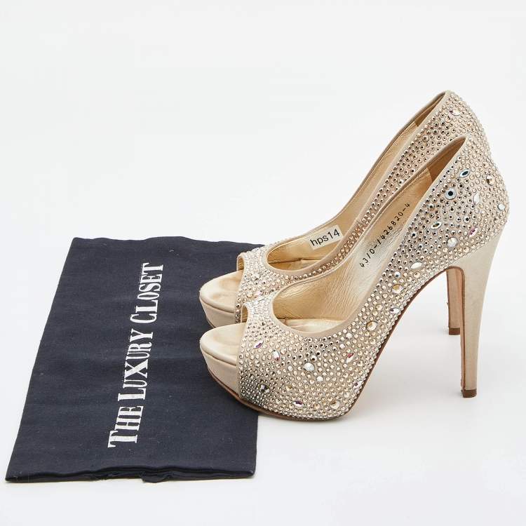 Pre Owned Gina Beige Satin Crystal Embellished Peep Toe Platform Pumps Size 37