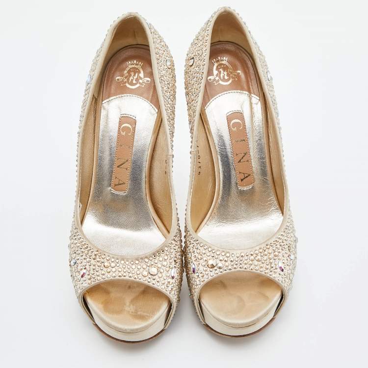 Pre Owned Gina Beige Satin Crystal Embellished Peep Toe Platform Pumps Size 37