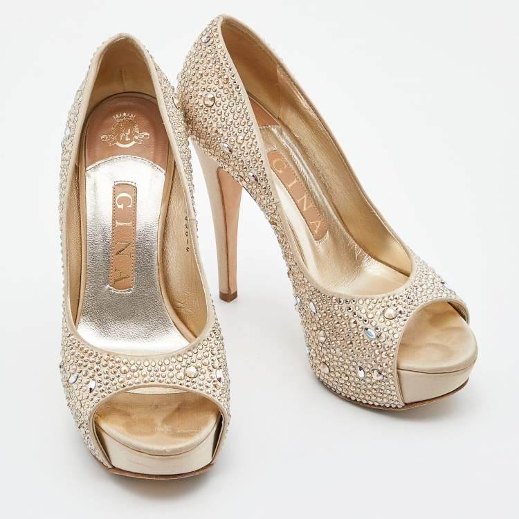 Pre Owned Gina Beige Satin Crystal Embellished Peep Toe Platform Pumps Size 37