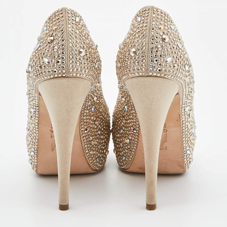 Pre Owned Gina Beige Satin Crystal Embellished Peep Toe Platform Pumps Size 37