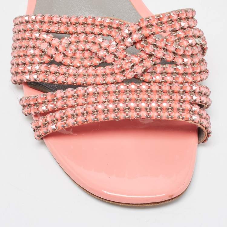 Pre Owned Gina Peach Patent Leather Crystal Embellished Flat Slides Size 40