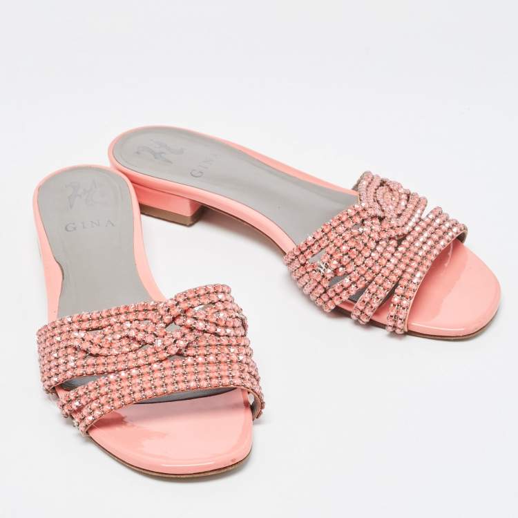 Pre Owned Gina Peach Patent Leather Crystal Embellished Flat Slides Size 40