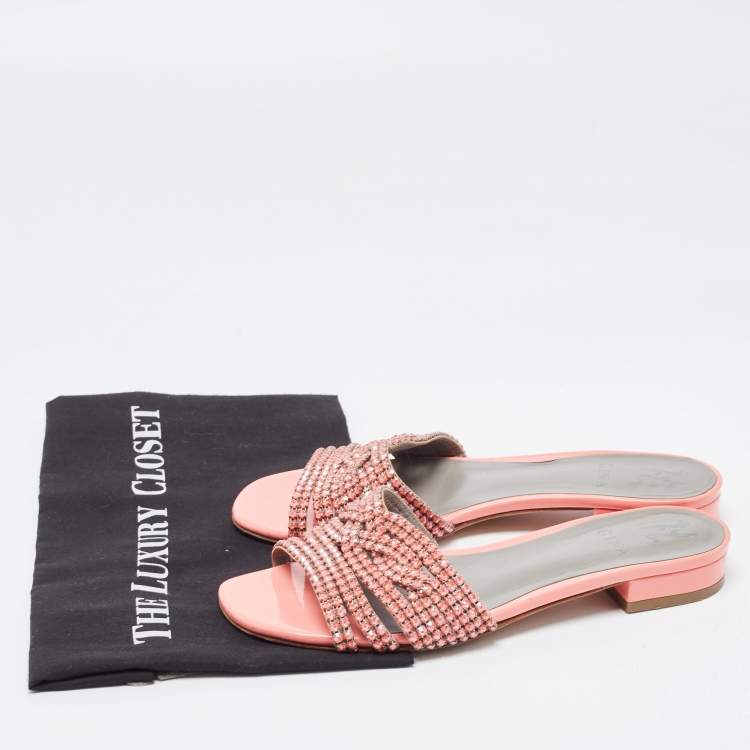 Pre Owned Gina Peach Patent Leather Crystal Embellished Flat Slides Size 40
