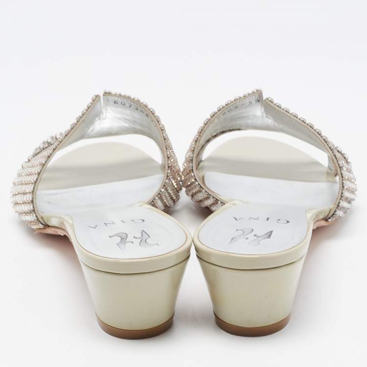 Pre Owned Gina Grey Crystal Embellished Leather Slide Sandals Size 38.5