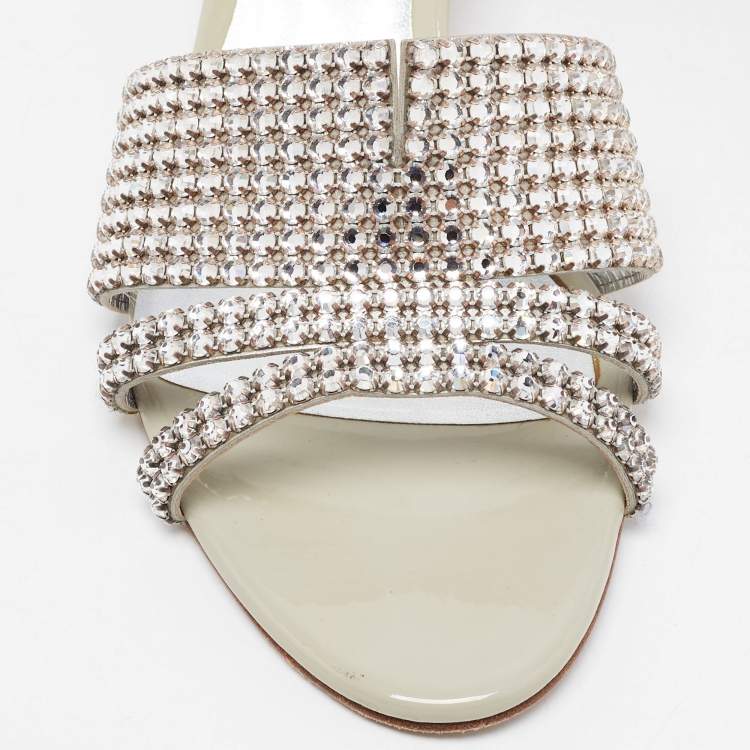 Pre Owned Gina Grey Crystal Embellished Leather Slide Sandals Size 38.5
