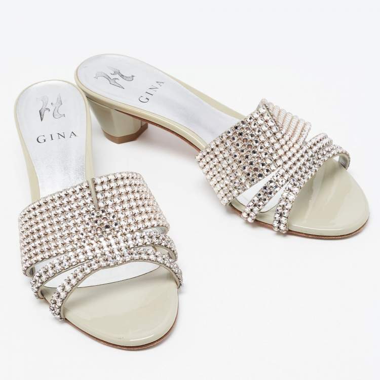 Pre Owned Gina Grey Crystal Embellished Leather Slide Sandals Size 38.5