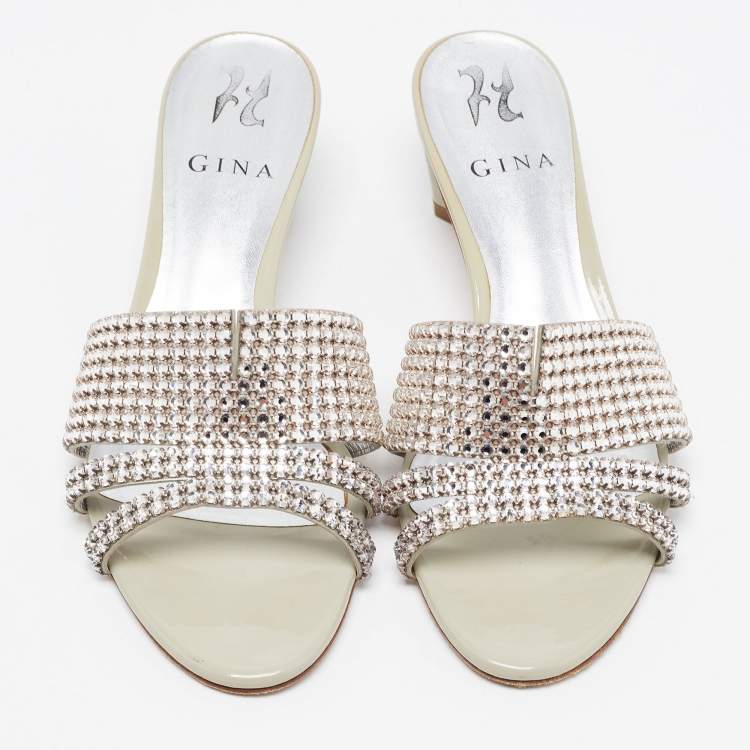 Pre Owned Gina Grey Crystal Embellished Leather Slide Sandals Size 38.5