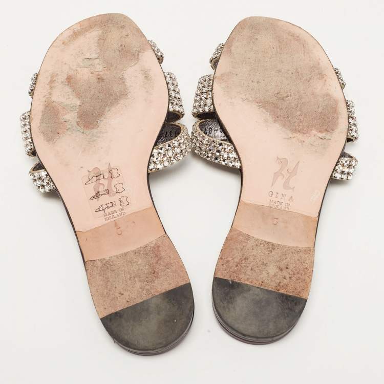 مملوكة مسبقًا Gina Silver/Purple Crystal Embellished Leather Flat Slides Size 38