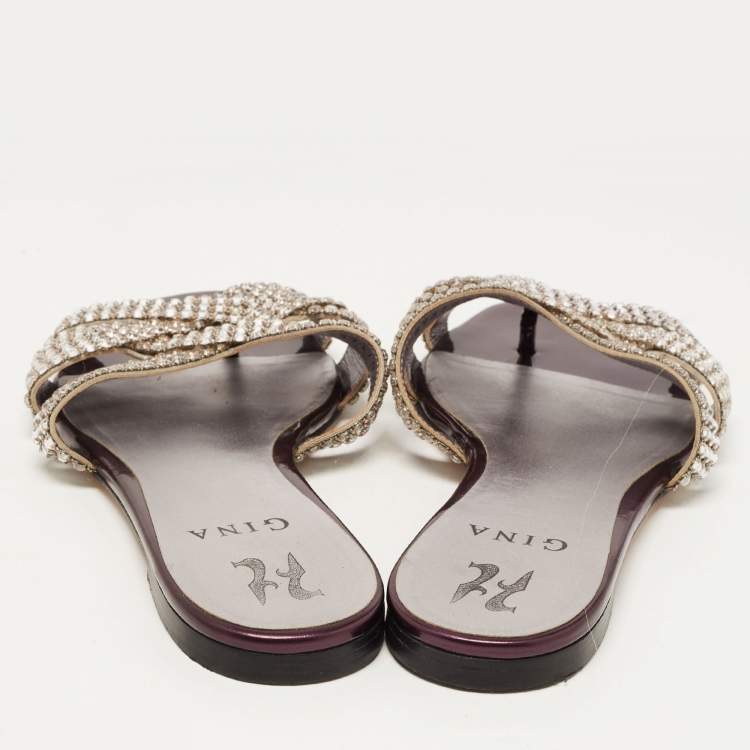 مملوكة مسبقًا Gina Silver/Purple Crystal Embellished Leather Flat Slides Size 38