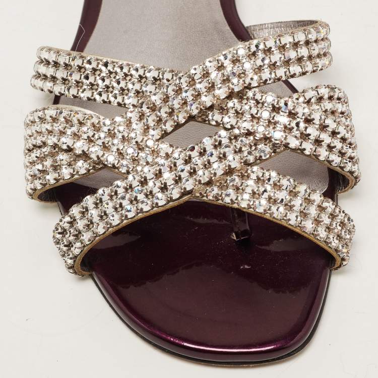 مملوكة مسبقًا Gina Silver/Purple Crystal Embellished Leather Flat Slides Size 38
