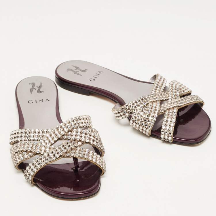 مملوكة مسبقًا Gina Silver/Purple Crystal Embellished Leather Flat Slides Size 38