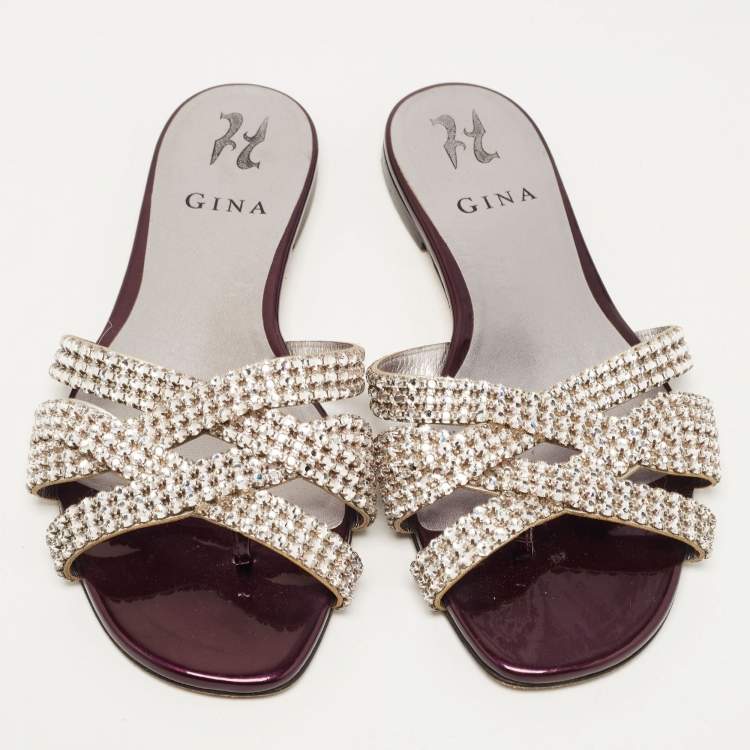 مملوكة مسبقًا Gina Silver/Purple Crystal Embellished Leather Flat Slides Size 38