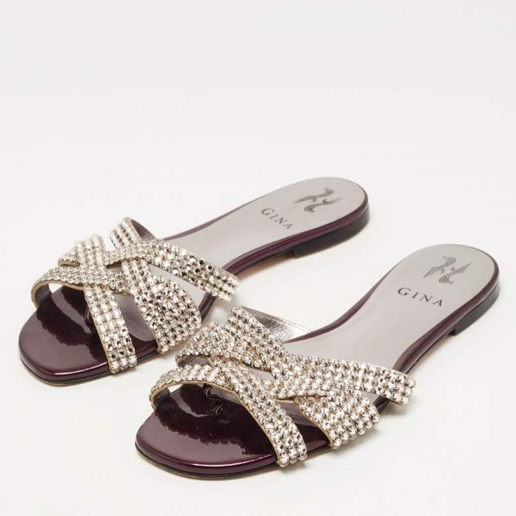 مملوكة مسبقًا Gina Silver/Purple Crystal Embellished Leather Flat Slides Size 38