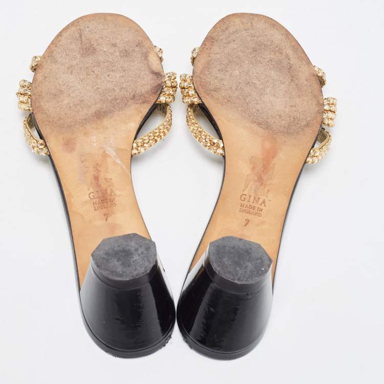 Pre Owned Gina Gold Crystal Embellished Leather Slide Sandals Size 40