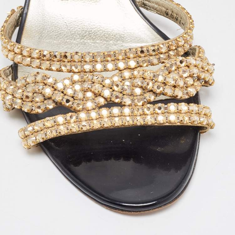 Pre Owned Gina Gold Crystal Embellished Leather Slide Sandals Size 40
