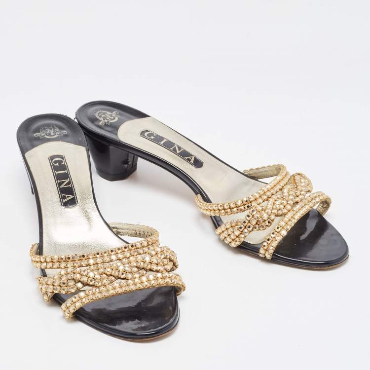 Pre Owned Gina Gold Crystal Embellished Leather Slide Sandals Size 40