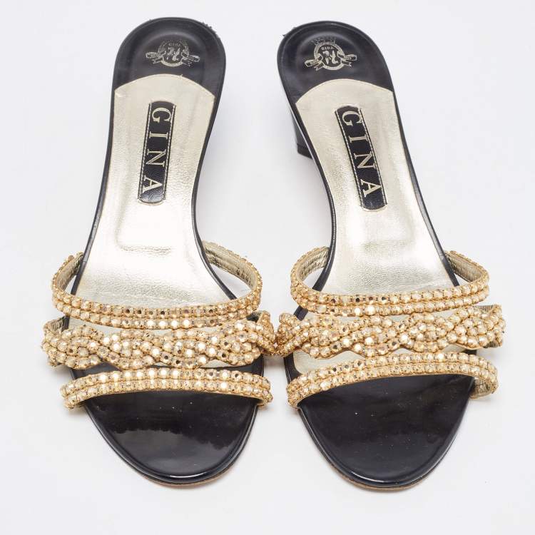 Pre Owned Gina Gold Crystal Embellished Leather Slide Sandals Size 40