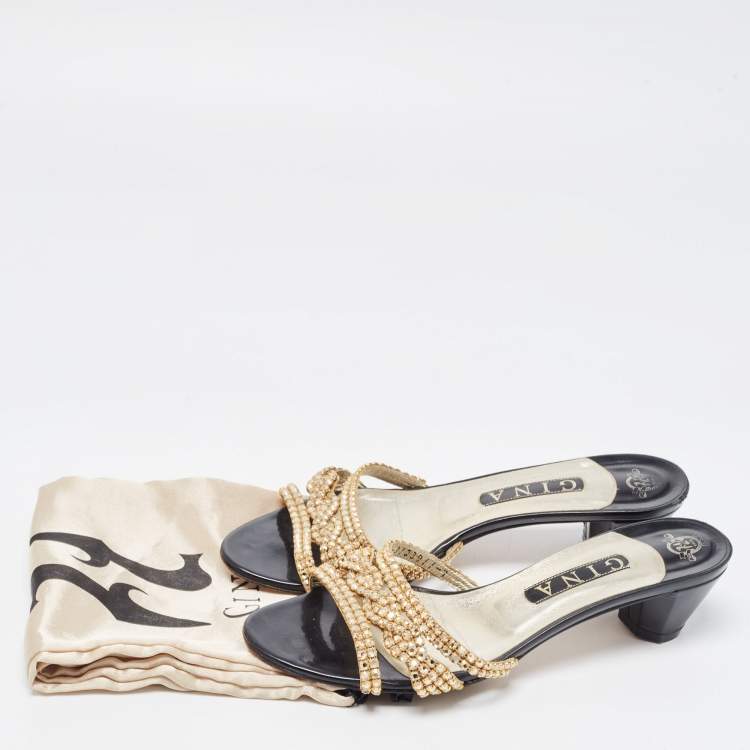Pre Owned Gina Gold Crystal Embellished Leather Slide Sandals Size 40