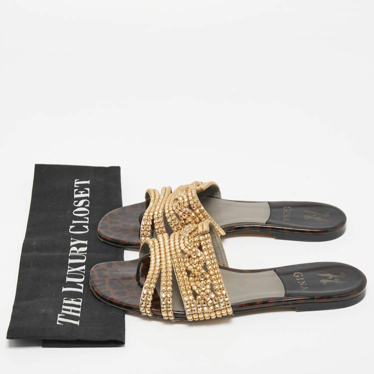 Pre Owned Gina Gold Leather Crystal Embellished Flat Slides Size 39 