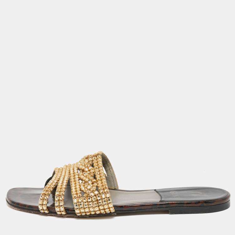 Pre Owned Gina Gold Leather Crystal Embellished Flat Slides Size 39 