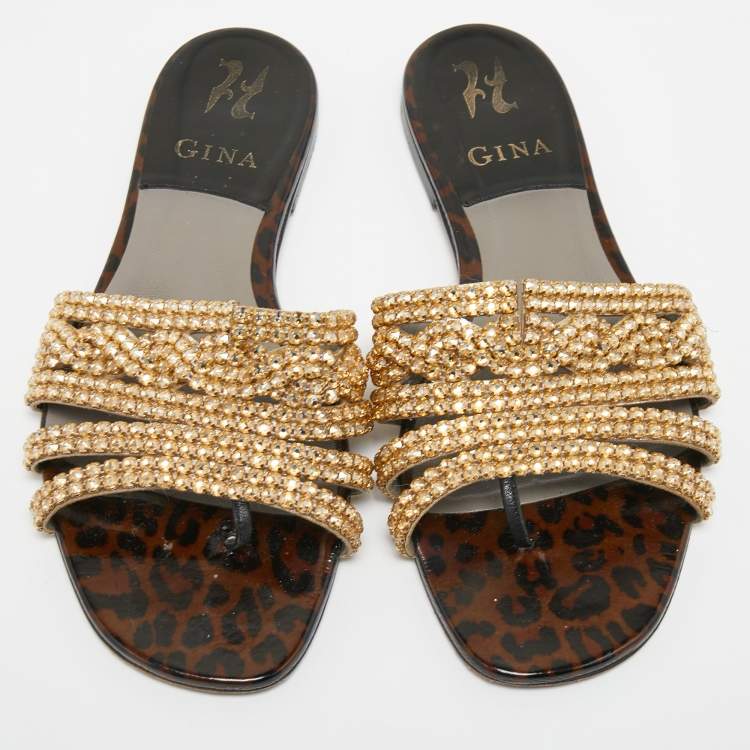 Pre Owned Gina Gold Leather Crystal Embellished Flat Slides Size 39 