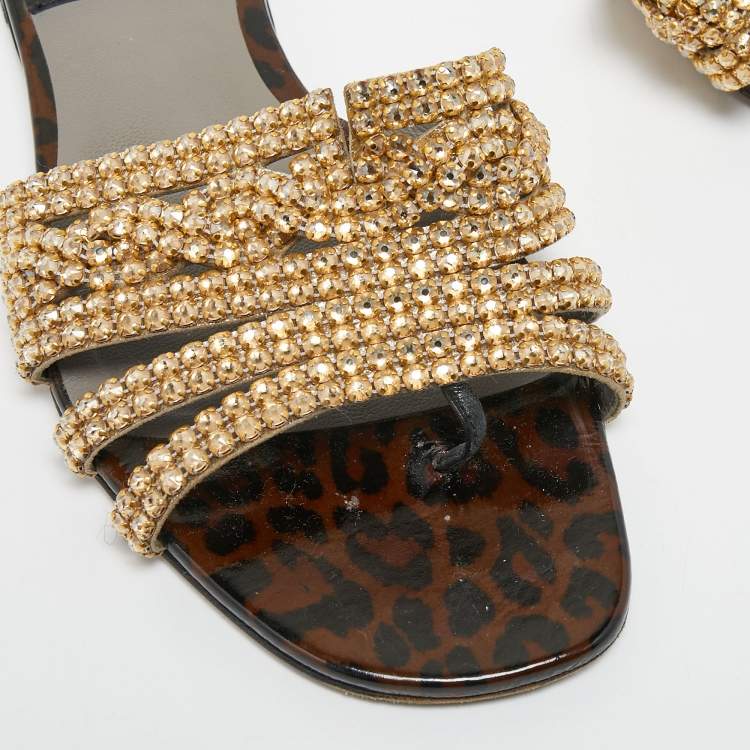 Pre Owned Gina Gold Leather Crystal Embellished Flat Slides Size 39 