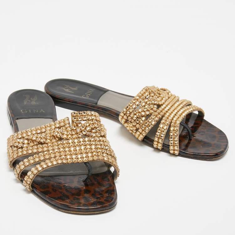 Pre Owned Gina Gold Leather Crystal Embellished Flat Slides Size 39 
