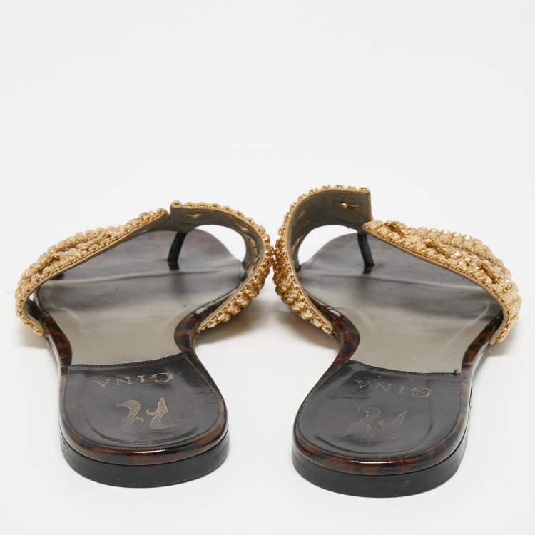 Pre Owned Gina Gold Leather Crystal Embellished Flat Slides Size 39 