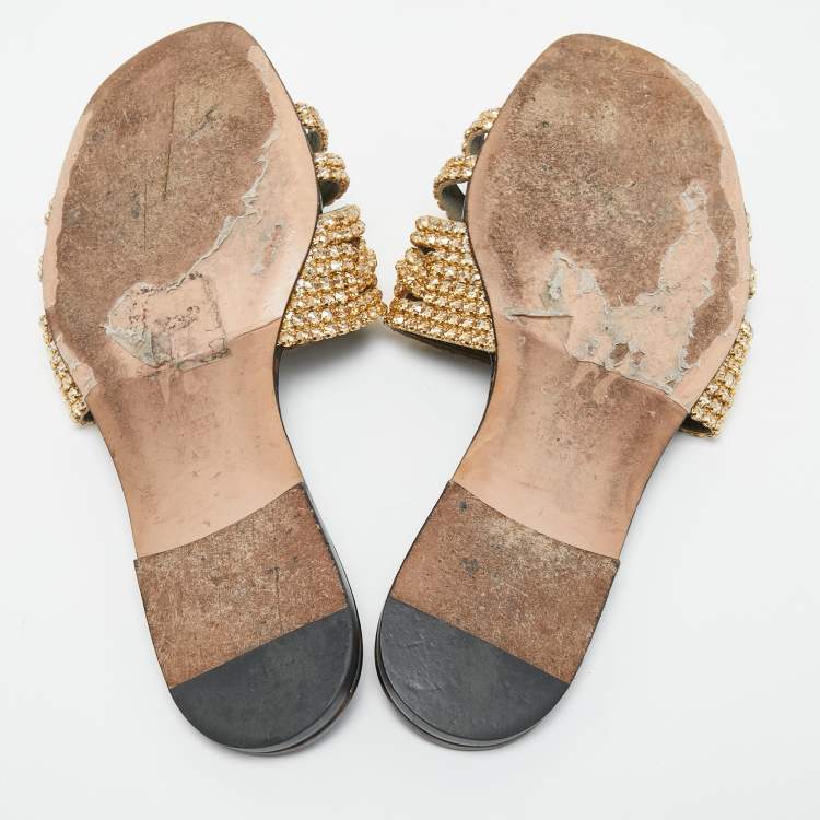 Pre Owned Gina Gold Leather Crystal Embellished Flat Slides Size 39 