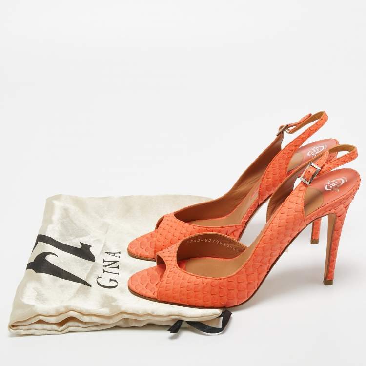 مملوكة مسبقًا Gina Orange Python Peep Toe Ankle Strap Sandals Size 39.5