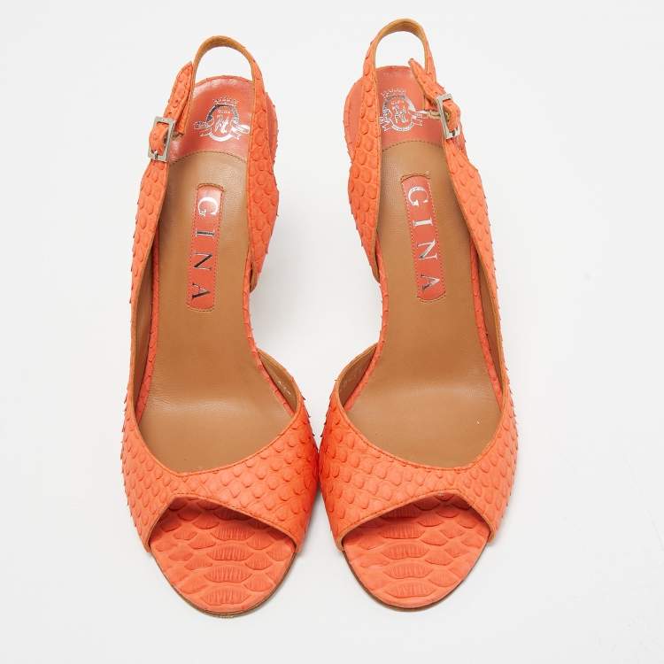 مملوكة مسبقًا Gina Orange Python Peep Toe Ankle Strap Sandals Size 39.5