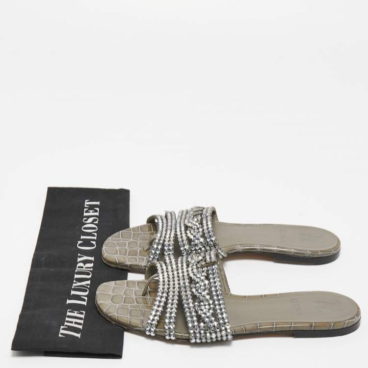Pre Owned Gina Green Croc Embossed Leather Crystal Embellished Flat Slides Size 39