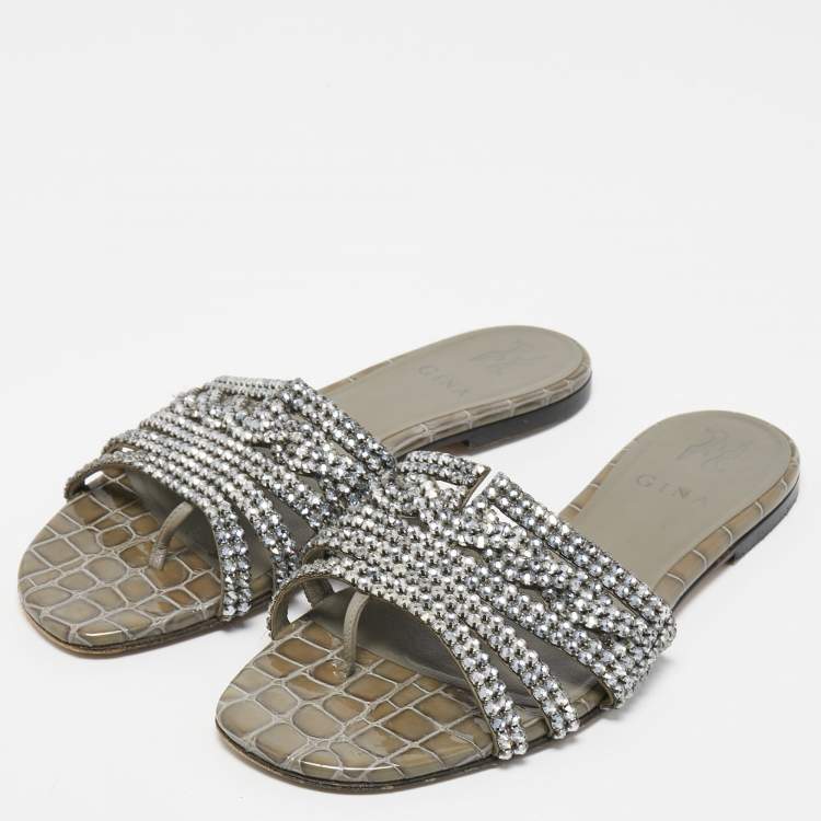 Pre Owned Gina Green Croc Embossed Leather Crystal Embellished Flat Slides Size 39