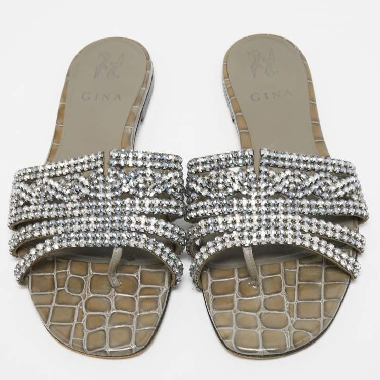 Pre Owned Gina Green Croc Embossed Leather Crystal Embellished Flat Slides Size 39