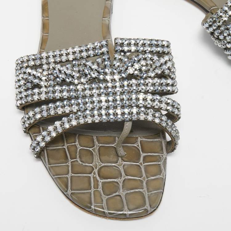 Pre Owned Gina Green Croc Embossed Leather Crystal Embellished Flat Slides Size 39