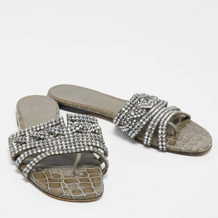 Pre Owned Gina Green Croc Embossed Leather Crystal Embellished Flat Slides Size 39