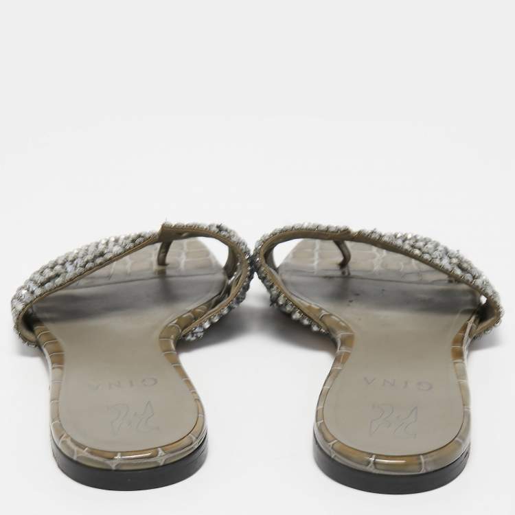Pre Owned Gina Green Croc Embossed Leather Crystal Embellished Flat Slides Size 39