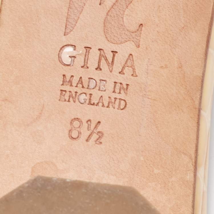 Pre Owned Gina Beige Croc Embossed Leather Crystal Embellished Heel Slide Sandals Size 41.5