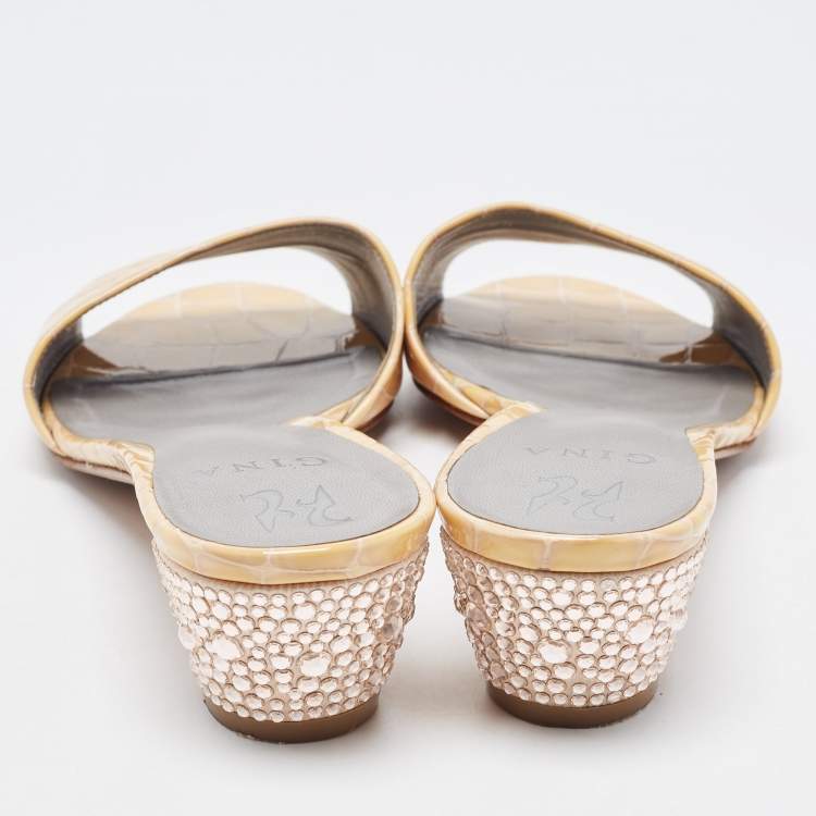 Pre Owned Gina Beige Croc Embossed Leather Crystal Embellished Heel Slide Sandals Size 41.5