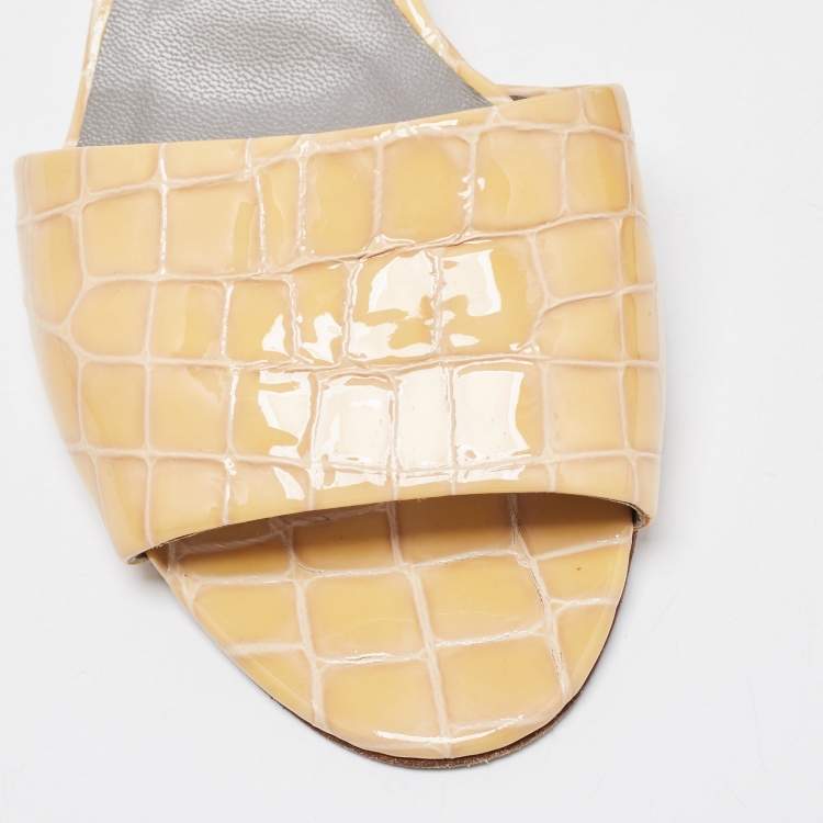 Pre Owned Gina Beige Croc Embossed Leather Crystal Embellished Heel Slide Sandals Size 41.5