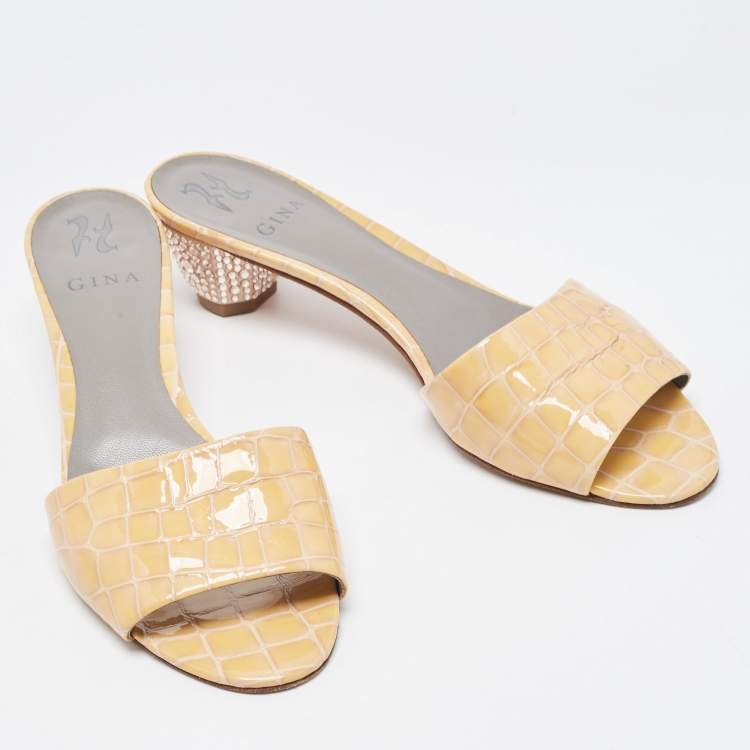 Pre Owned Gina Beige Croc Embossed Leather Crystal Embellished Heel Slide Sandals Size 41.5