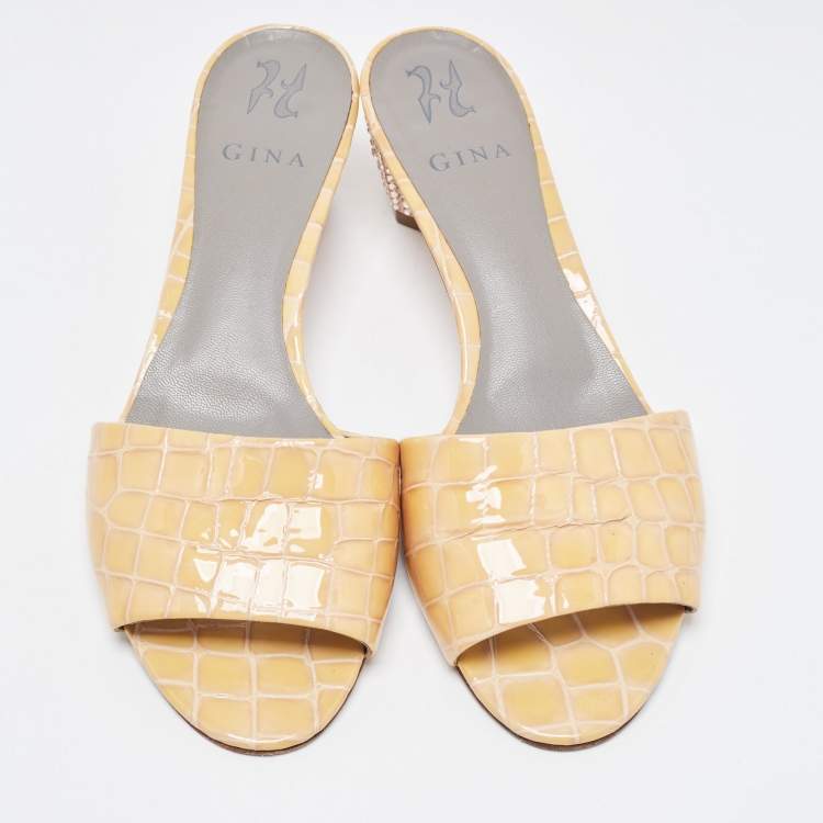 Pre Owned Gina Beige Croc Embossed Leather Crystal Embellished Heel Slide Sandals Size 41.5