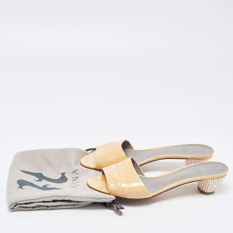 Pre Owned Gina Beige Croc Embossed Leather Crystal Embellished Heel Slide Sandals Size 41.5