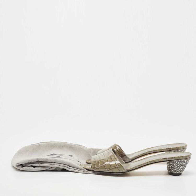 Pre Owned Gina Olive Green Croc Embossed Patent Leather Crystal Embellished Slide Sandals Size 41.5