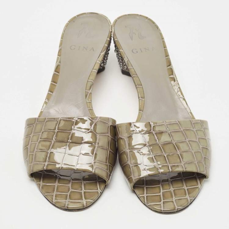 Pre Owned Gina Olive Green Croc Embossed Patent Leather Crystal Embellished Slide Sandals Size 41.5